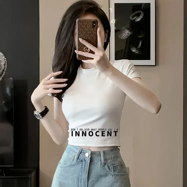 2025印花小圆领显瘦短袖T恤潮高腰短款时尚百搭女网红修身款上衣