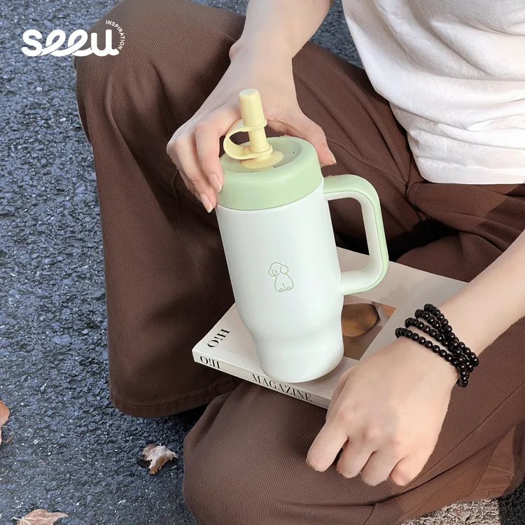 seeu蜜瓜保冷保温杯316不锈钢吸管杯车载水杯小狗随行杯子550ml