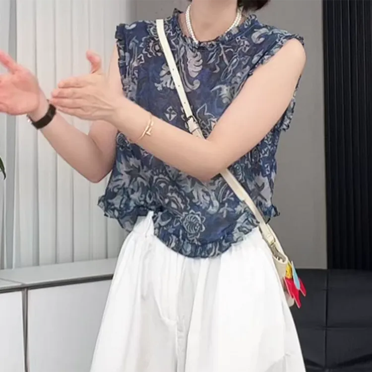 2025夏新款圆领木耳边拼接坎肩无袖背心花色衬衫上衣