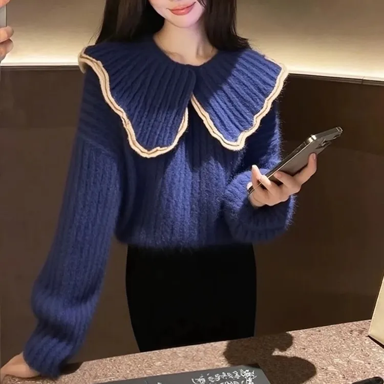 韩系甜美藏蓝色娃娃领针织衫女2025冬季内搭氛围感毛衣多巴胺上衣