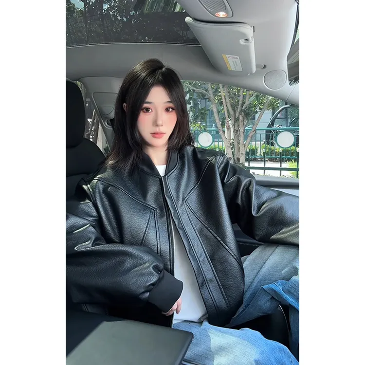 黑色美式裂纹皮夹克男款秋季高级感短款防风水外套机车皮衣棒球服
