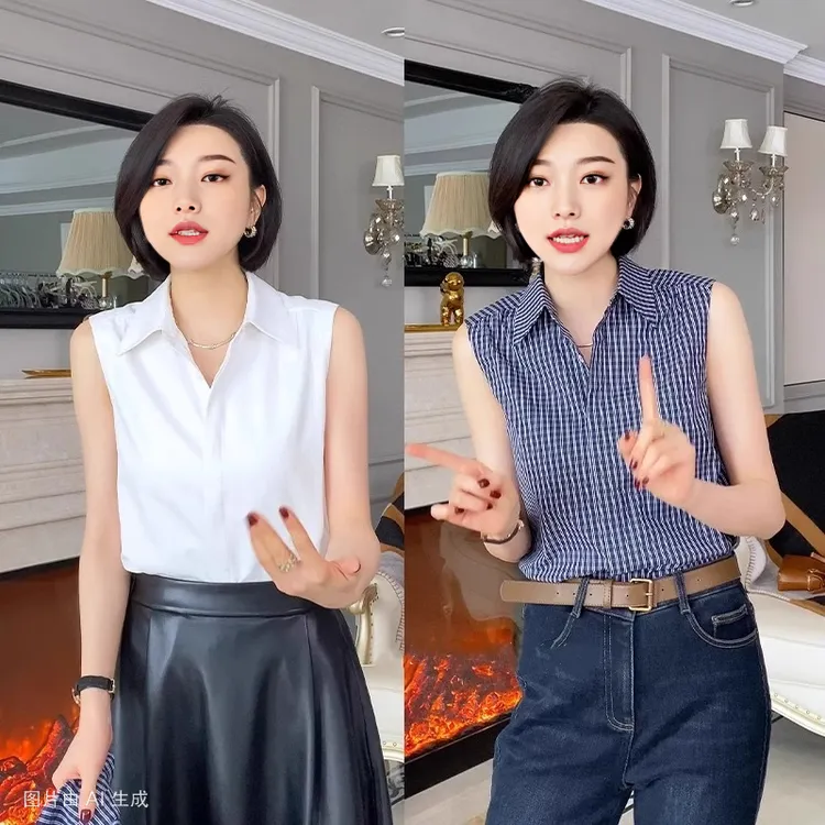 蓝色格子无袖衬衫女春秋内搭叠穿神器POLO衬衣带领子坎肩马甲背心