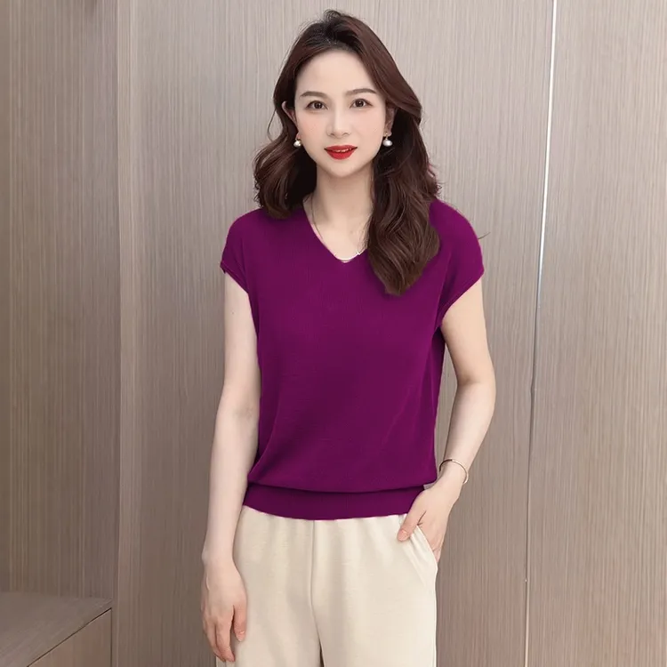 欧货V领冰丝短袖t恤女2025新款夏季洋气时尚宽松显瘦高级紫色上衣