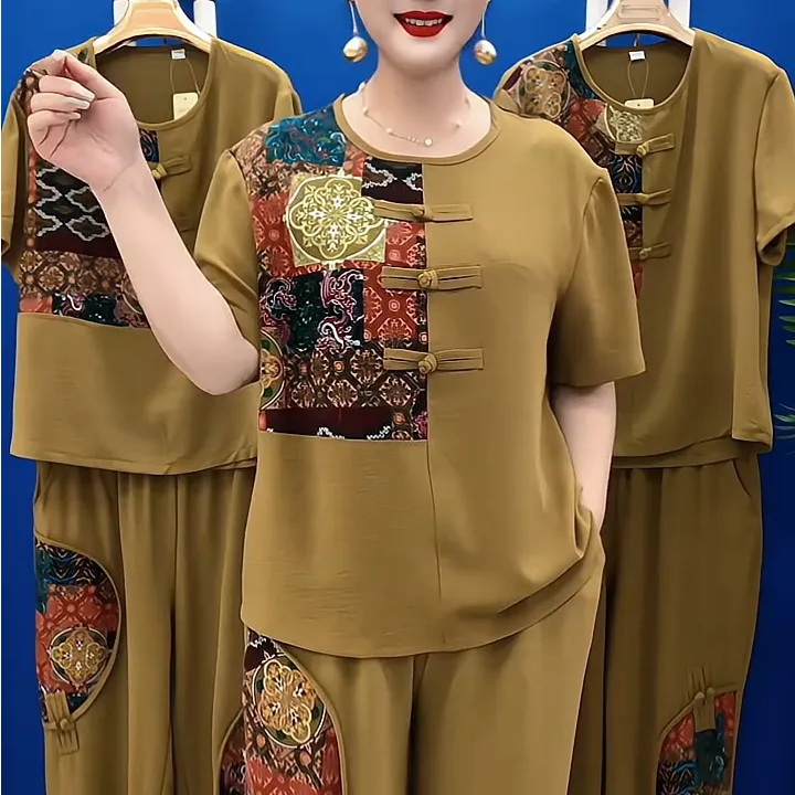 气质中老年妈妈国风印花两件套夏季新款时尚休闲女士短袖大码套装