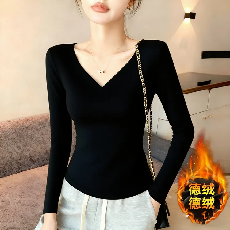 基础款V领百搭德绒长袖T恤女秋冬内搭修身显瘦保暖加厚打底衫上衣