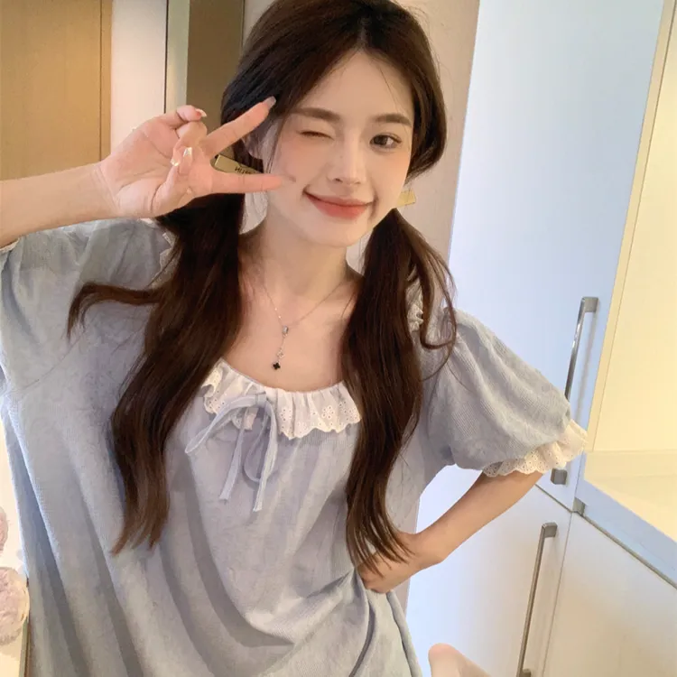 韩国ins甜美花边圆领纯棉睡裙女夏季短袖中长款宽松睡衣家居服薄