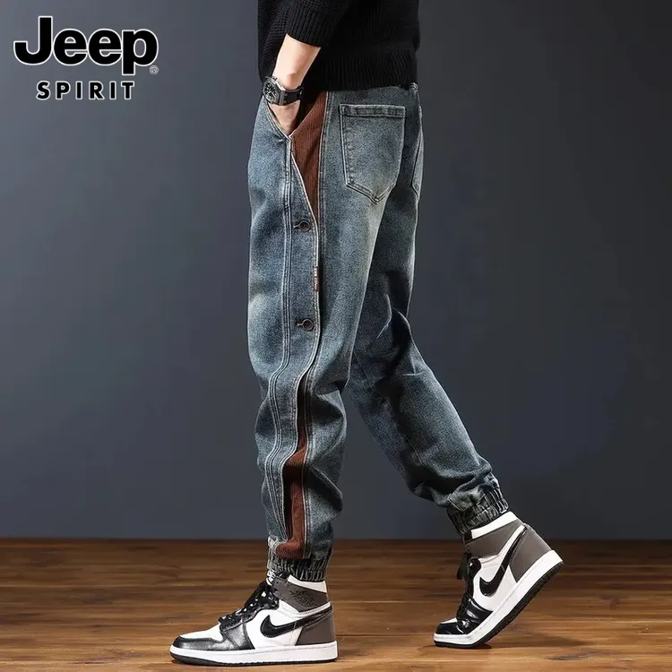 jeep吉普新款秋冬潮流拼接工装裤男式宽松大码休闲痞帅长裤棉质微