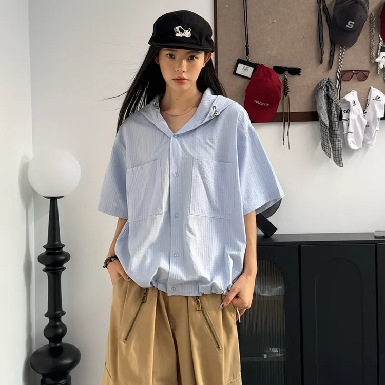 美式条纹连帽短袖衬衫男女夏季宽松休闲设计感简约小众衬衣上衣