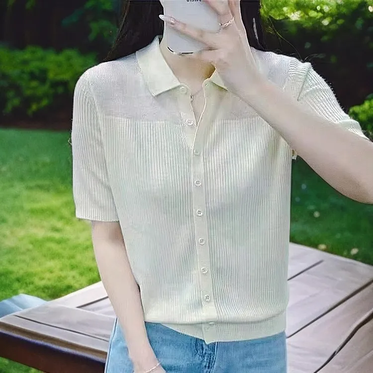 女包袖宽松型常规款纯色毛针织衫薄款气质翻领针织衫夏季衬衫