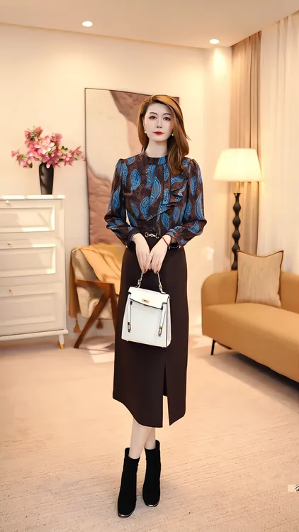 长裙春秋季拼接显瘦气质长袖连衣裙女士网红通勤轻奢 86147