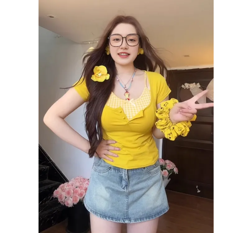 大码胖mm纯欲性感辣妹短袖t恤女2025夏季修身显瘦正肩假两件上衣