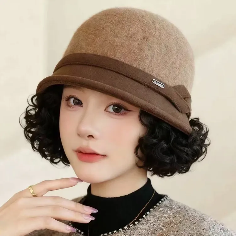 秋冬新款帽子假发女时尚外翻卷妈妈帽一体保暖加厚毛呢渔夫帽假发