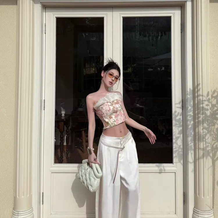 时尚套装显瘦上衣裤子静奢风阔腿性感百搭复古辣妹气质白色高腰