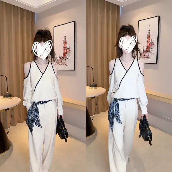 2025秋季新款气质知性风百搭露肩长袖上衣舒适阔腿拖地裤两件套女