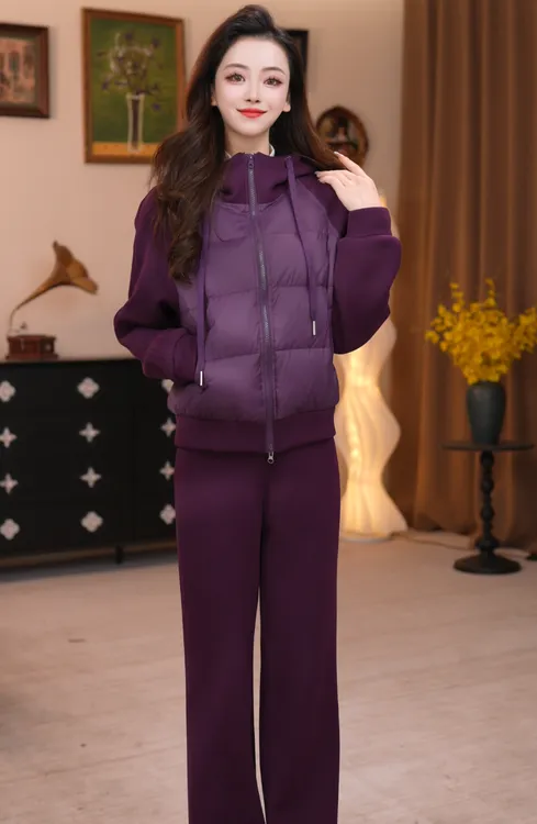 休闲风时尚套装女士连帽加厚羽绒上衣秋冬套装