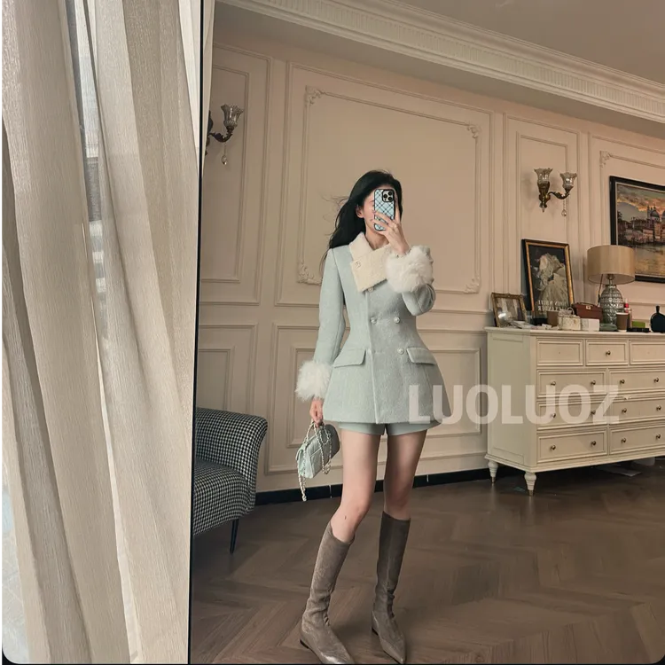 LUOLUOZ【梵高之梦】气质撞色毛领袖口设计外套＋短裤两件套JF1074