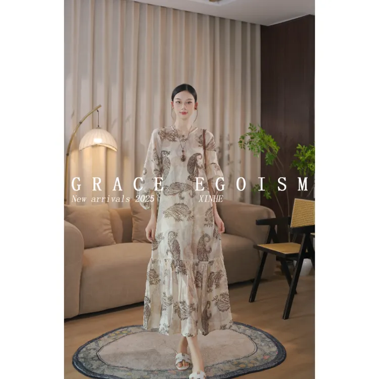 金禾【腰果序】折扣夏款国风原创亚麻腰果花气质显瘦连衣裙3461