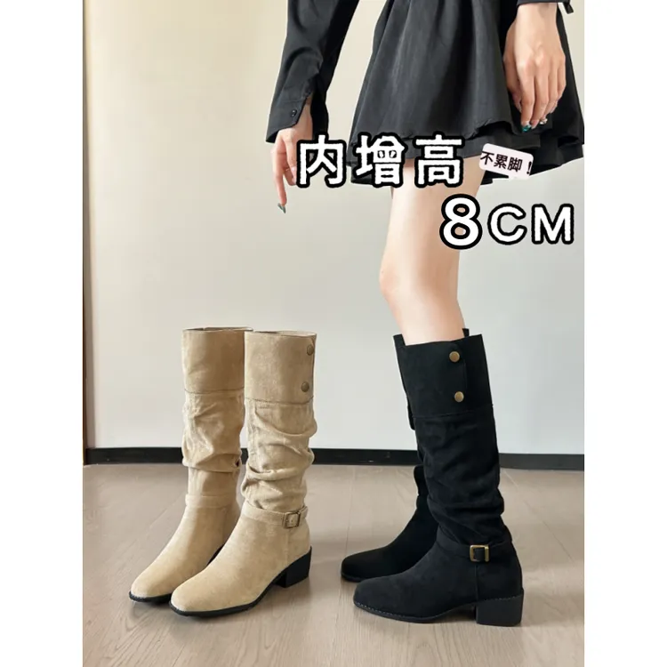 啄木鸟增高8cm粗跟长筒靴女款皮带扣褶皱堆堆靴高筒西部牛仔靴子