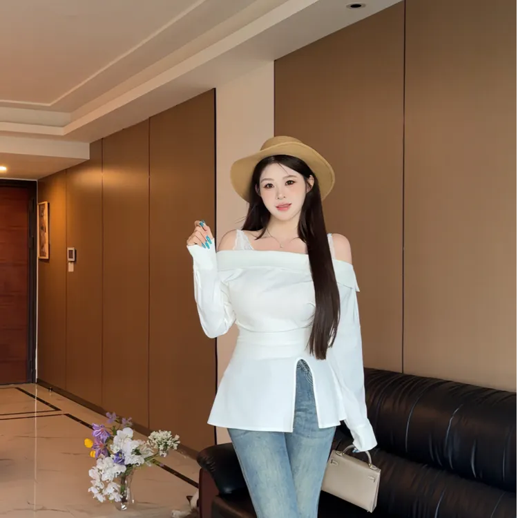 大码女装一字领露肩气质衬衫女秋收腰开叉下摆长袖上衣12674