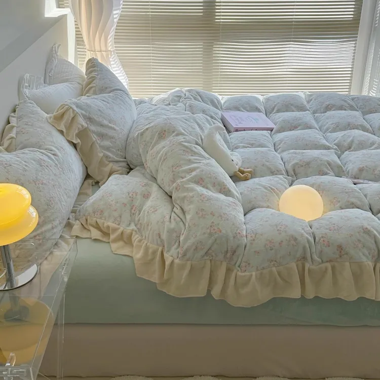 法式奶油风碎花四件套牛奶绒花边款被套冬季加厚保暖床单人三件套