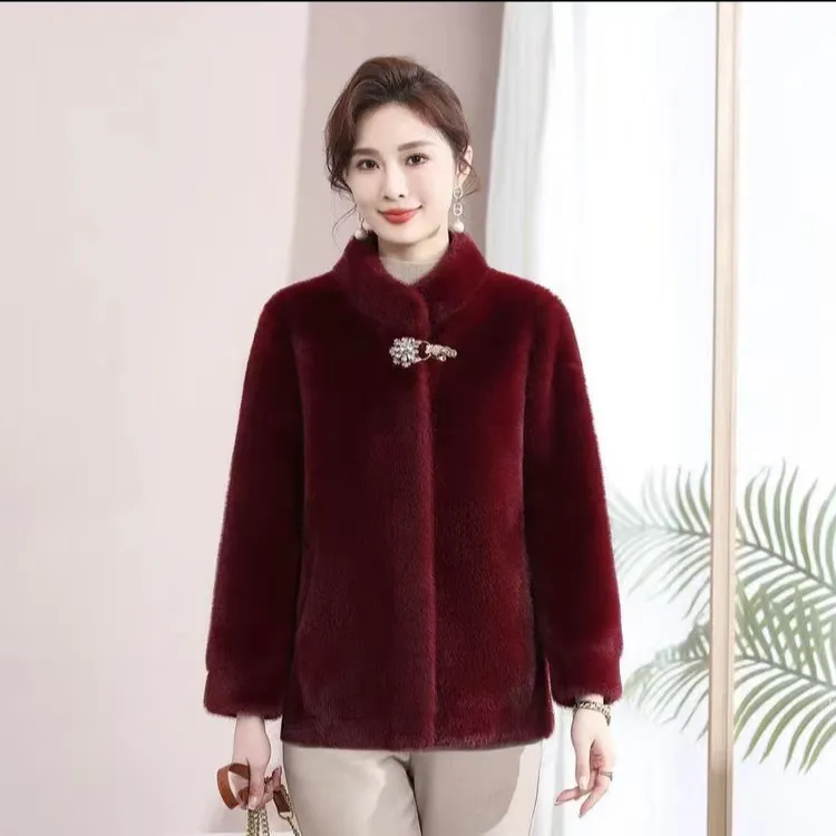 【新疆包邮】气质安哥拉红色妈妈装皮毛一体休闲大码女装短款外套