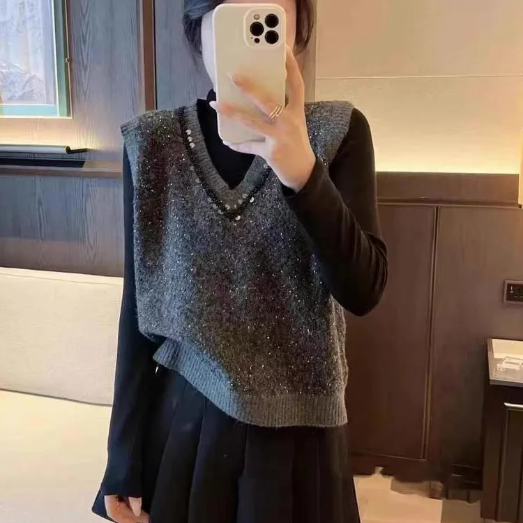 万能叠穿百搭小马甲女款外穿高级感洋气灰色亮片毛衣针织背心马夹