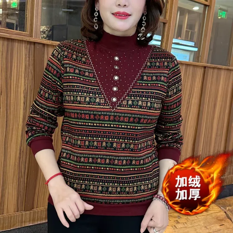 冬季新款加绒加厚民族风条纹卫衣宽松金属扣装饰休闲百搭妈妈上衣