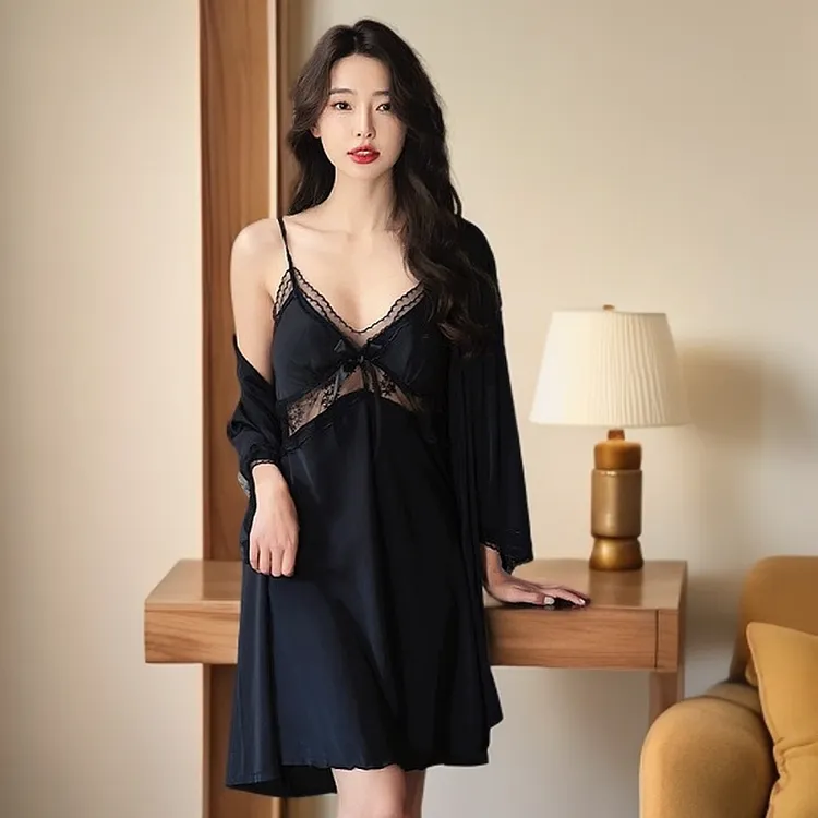 【夜蝴蝶】2025春夏新款冰丝睡衣女性感吊带睡袍纯欲蕾丝家居服套装