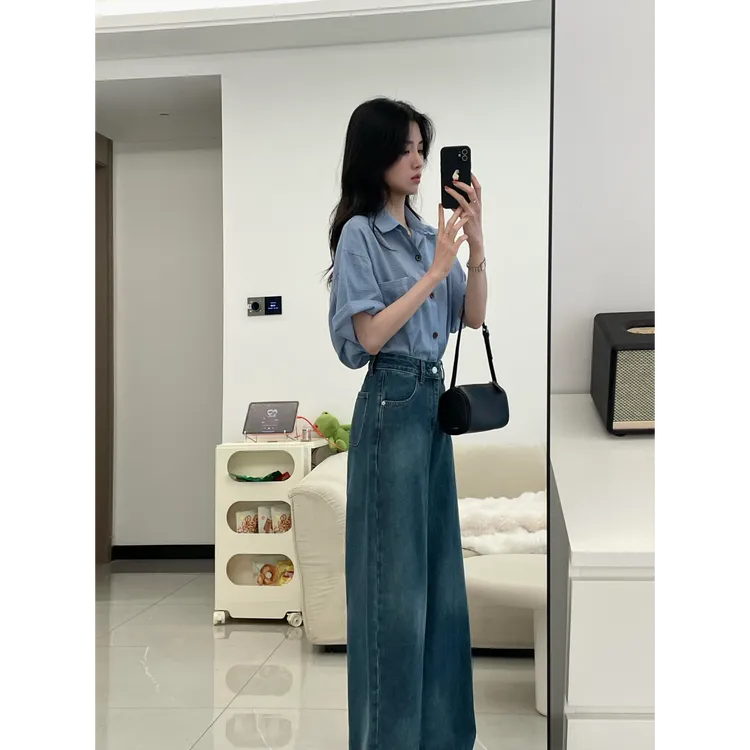 2025夏季韩系穿搭一整套宽松显瘦通勤条纹衬衫女阔腿牛仔裤两件套