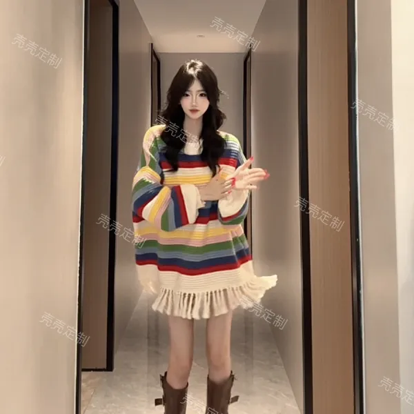 设计感条纹流苏针织衫韩版套头毛衣百搭宽松慵懒风彩虹长袖上衣女