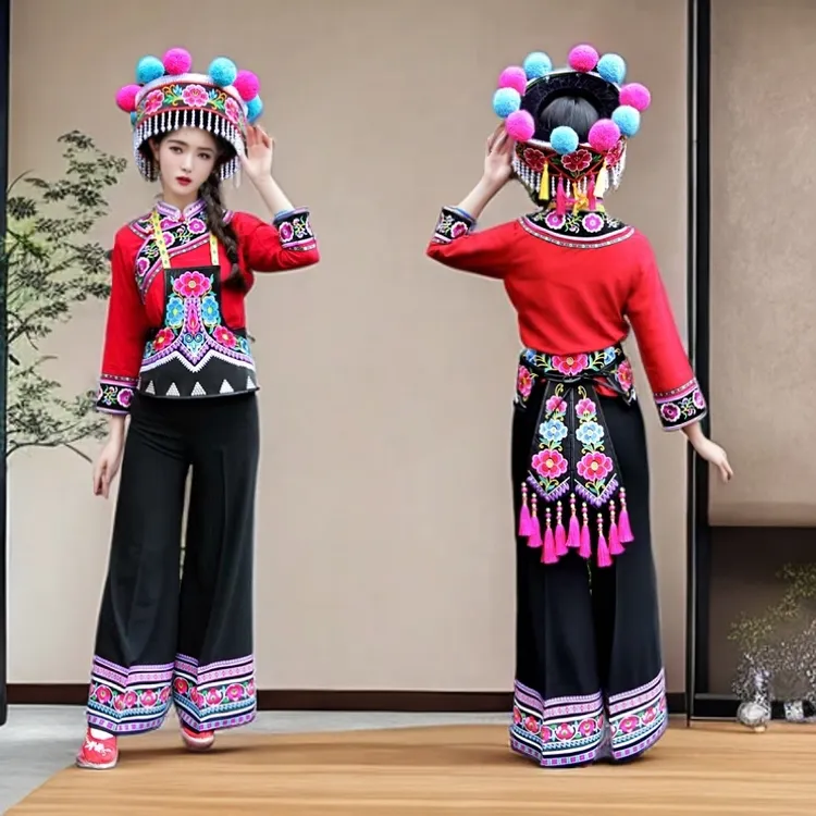 长袖小圆花民族服装女装短袖楚雄彝族左脚舞演出服装大裤脚跳脚舞