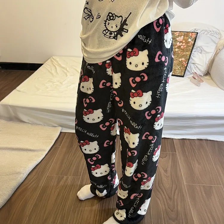 法兰绒卡通KT猫睡裤加厚女士秋冬新款加绒保暖居家珊瑚绒遛弯裤子