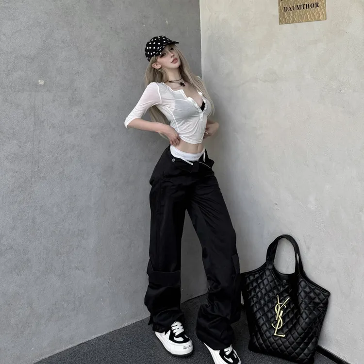 美式辣妹风白色中袖T恤女装2025夏季性感微透百搭半开领正肩上衣