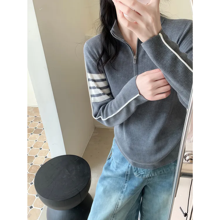 立领半拉链宽松针织上衣显瘦欧货高级感撞色毛衣打底衫女秋冬加厚