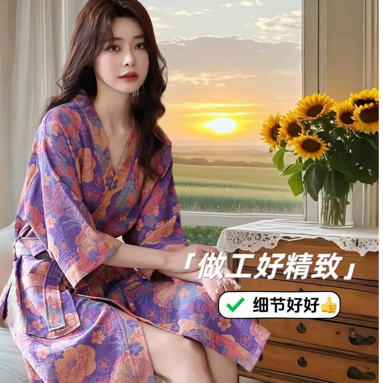 新中式国风浴袍女纯棉双层纱夏季薄款全棉日式宽松睡袍高级感睡衣