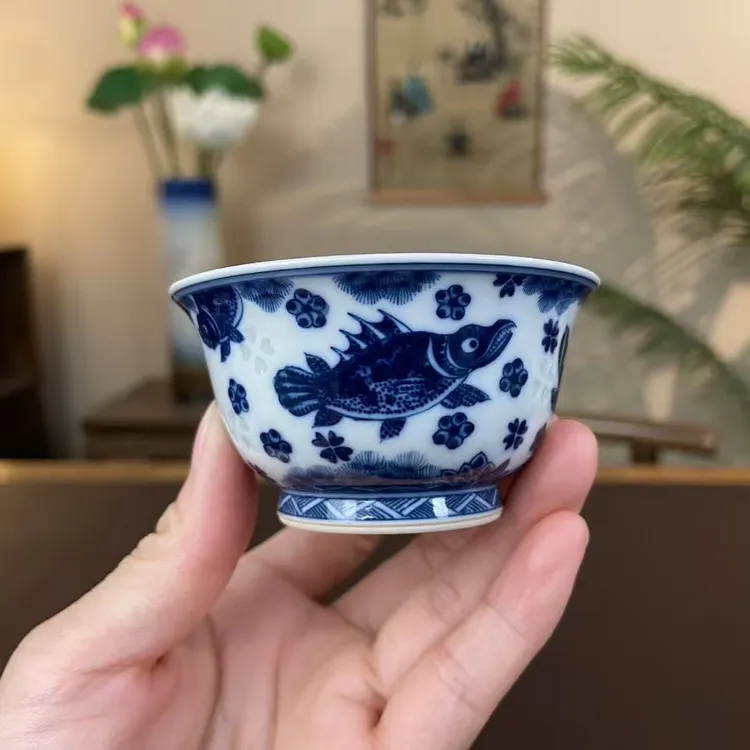 【记石柴窑】仿明鱼藻玲珑撇口杯 景德镇纯手工手绘茶器茶具