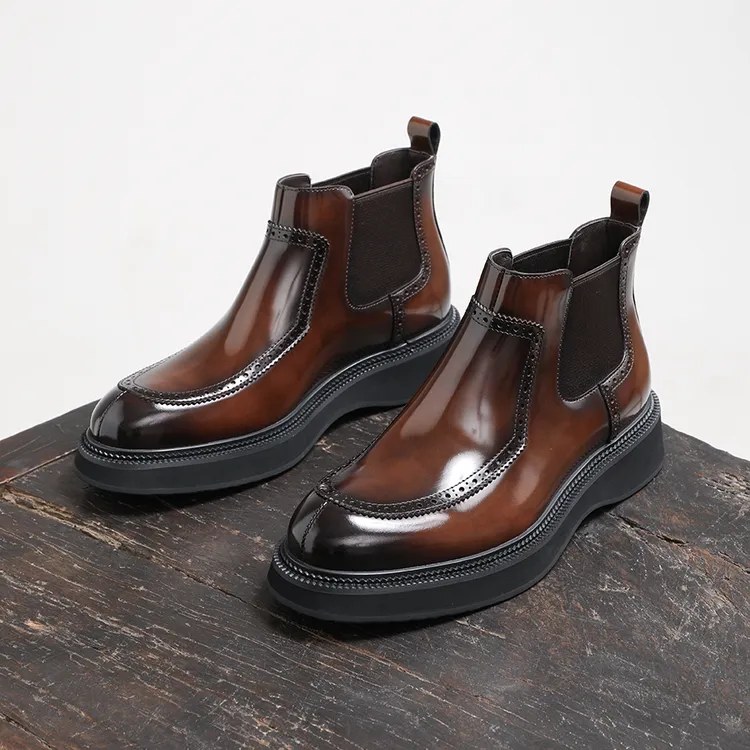 新款英伦风切尔西靴男款真皮商务手工高帮皮鞋厚底男士马丁靴短靴