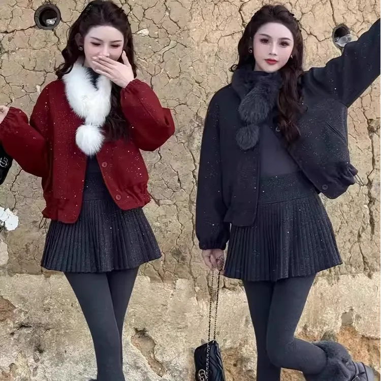细闪闪加厚毛呢外套女2025冬季新款时髦洋气小个子短款呢子大衣潮