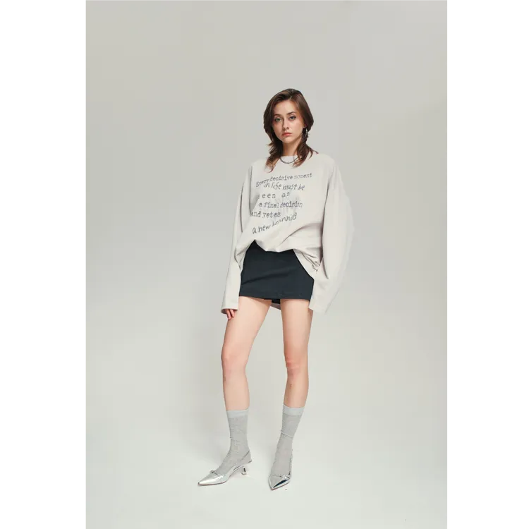 JOHNNYWU 美式复古慵懒风通勤舒适百搭印花长袖T恤