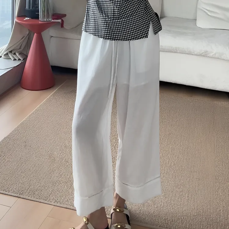 【余欢欢】夏季宽松松紧腰天丝+亚麻休闲九分阔腿裤-YHK50233