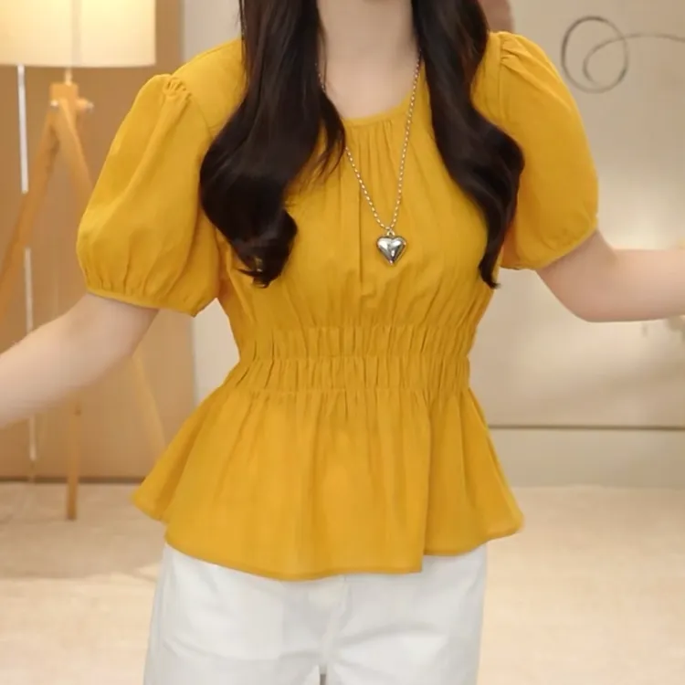 法式显瘦松紧腰短袖衬衫女2025新款设计感短袖衬衣气质时尚百搭