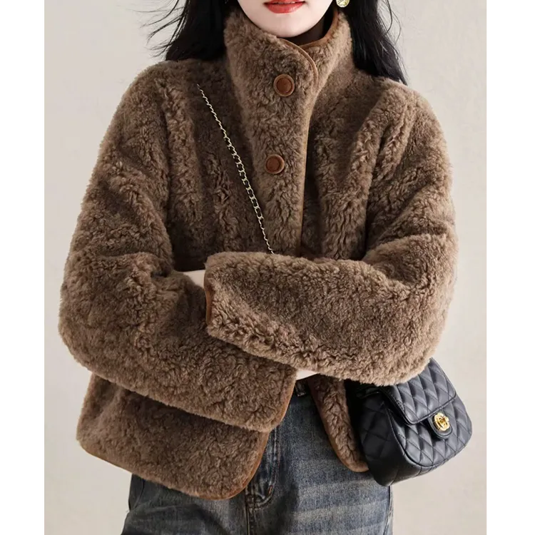 海宁新款冬季绵羊毛百搭外套短款皮毛一体休闲宽松韩版女外套