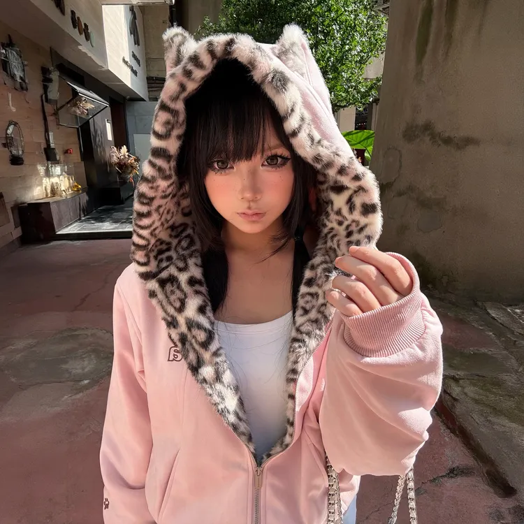 粉色座山雕可爱兔耳棉衣秋冬棉服保暖厚外套麂皮加绒豹纹连帽棉袄