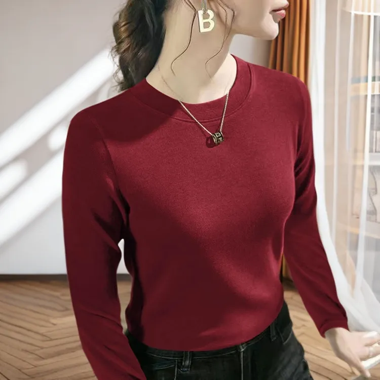 秋冬保暖大码长袖打底衫百搭显瘦秋衣洋气女士内搭圆领双面绒上衣