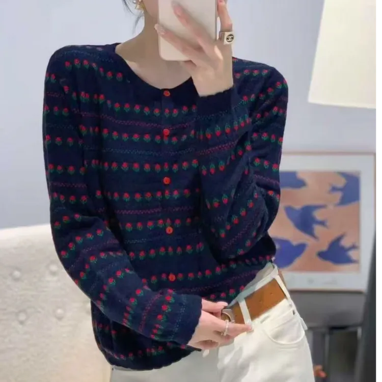 【100%羊毛】漂亮小衫女秋新款圆领长袖小花针织开衫巨减龄毛衣外套