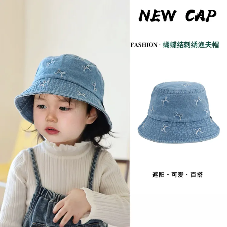 时尚儿童渔夫帽春秋款韩版可爱蝴蝶结刺绣牛仔盆帽女宝宝遮阳帽潮