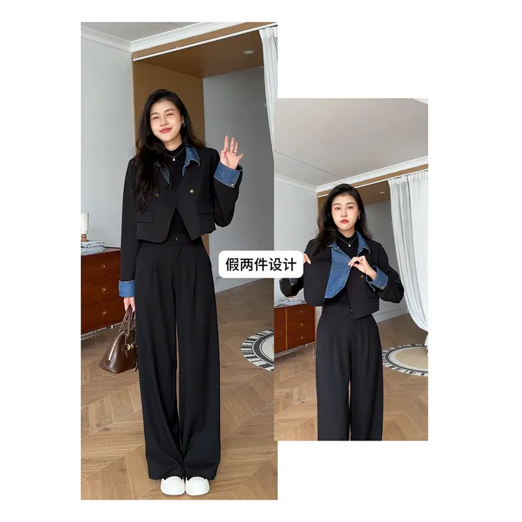 张阿星【罗曼巴黎】拼接假两件短西装外套+直筒裤W425A12495