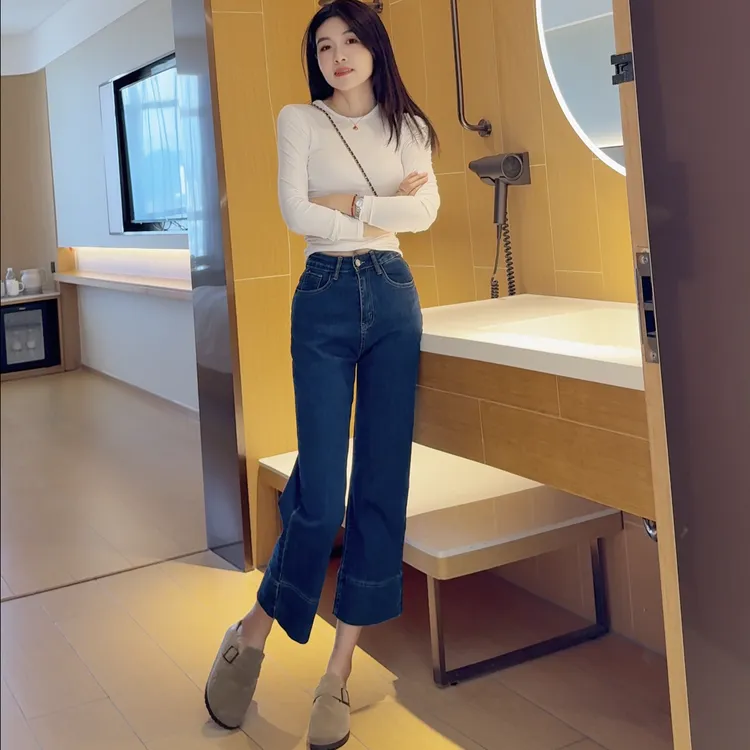 长袖T恤女202秋季新款圆领修身上衣纯色打底衫+蓝色牛仔烟管裤