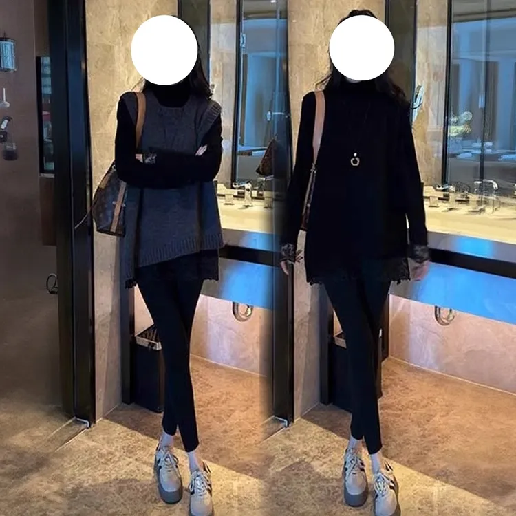 La babite秋季新款不规则无袖针织马甲+蕾丝黑色长袖打底衫两件套