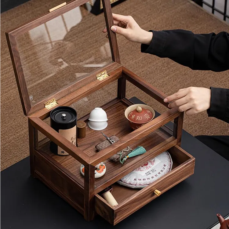 北美黑胡桃茶具收纳玻璃柜文玩手串收纳柜茶壶抽屉收纳柜